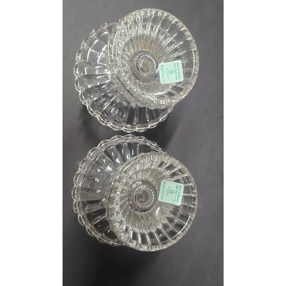 PartyLite Clear Glass Quilted Tealight Votive Candle Holders Pair Small Pedestal